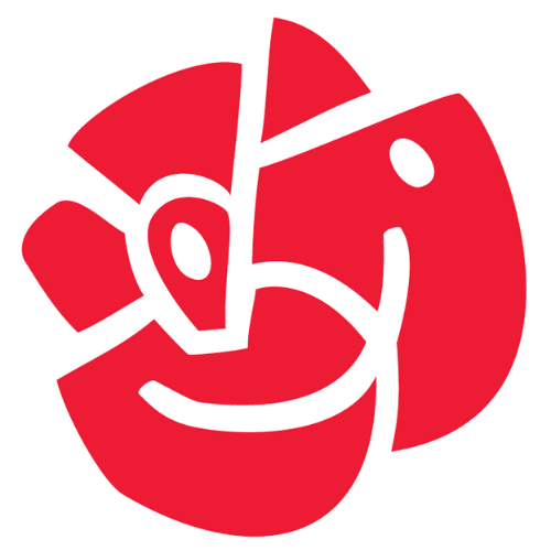 Socialdemokraternas röda ros-symbol i stiliserad form med vita linjer som skapar en modern och igenkännbar partisymbol.