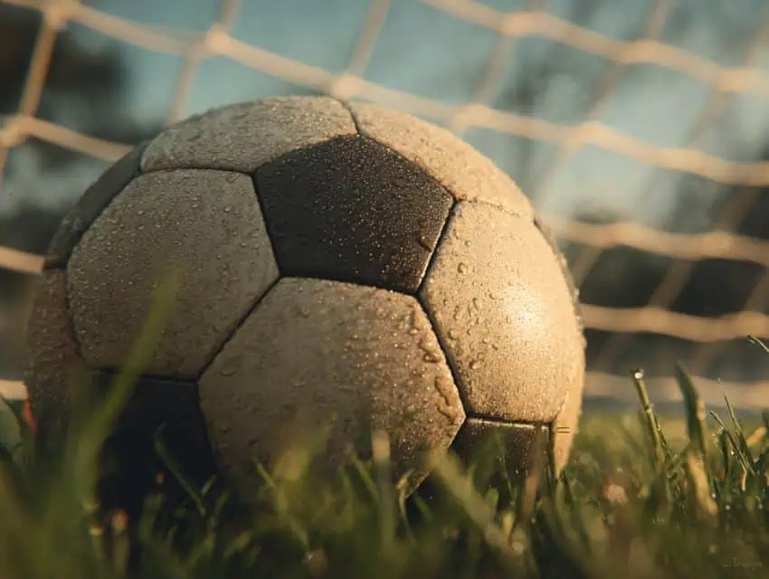 Fotboll ligger i gräset framför ett mål i kvällsljus, med dagg på bollen och suddig bakgrund.