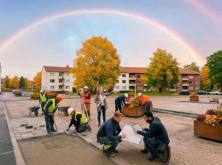 Solnedgång över ett fält med röda vallmo och prästkragar i ett somrigt landskap.