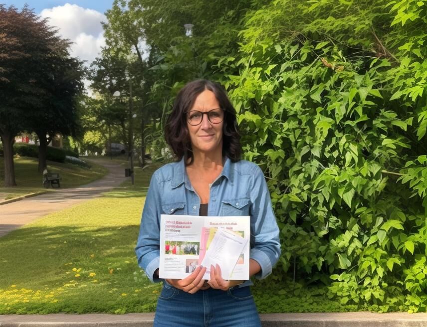 Kvinna håller kampanjmaterial i en parkmiljö.